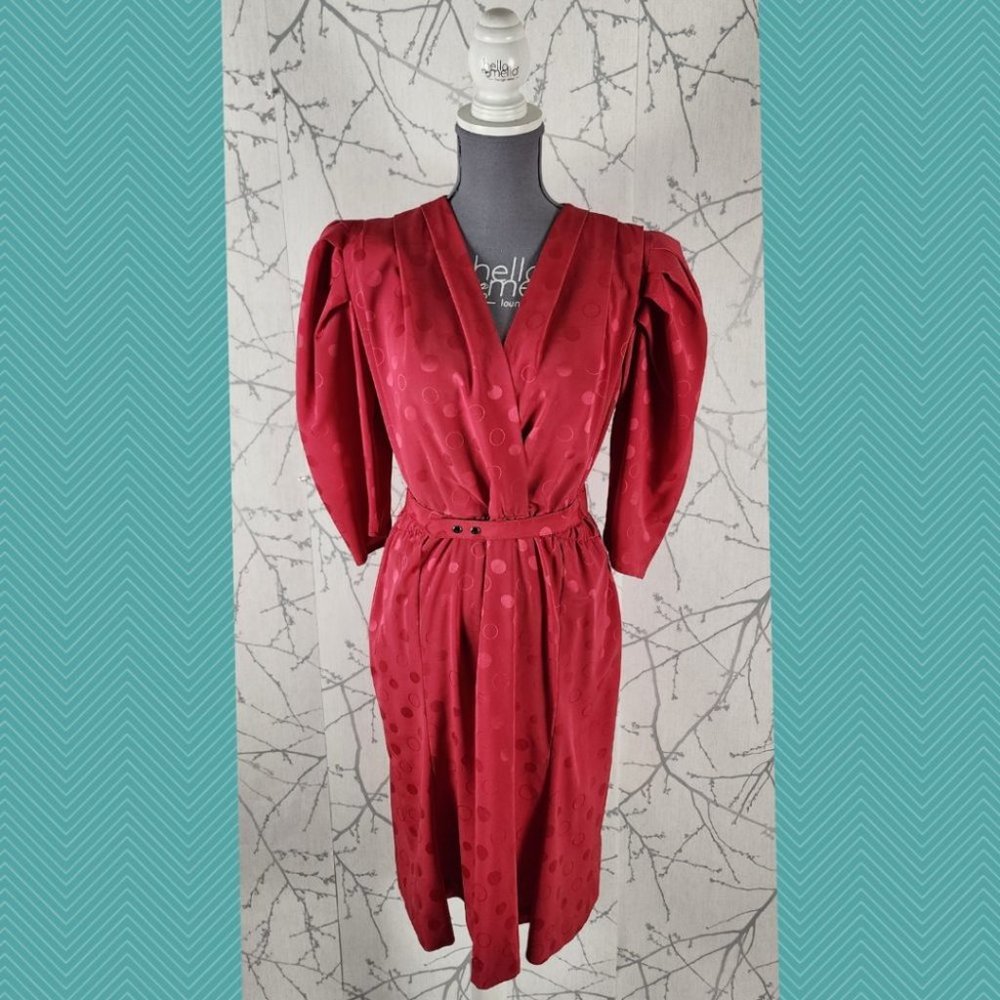 Pantel VTG Hot Pink Red Polkadot Belted Surplice Midi Dress